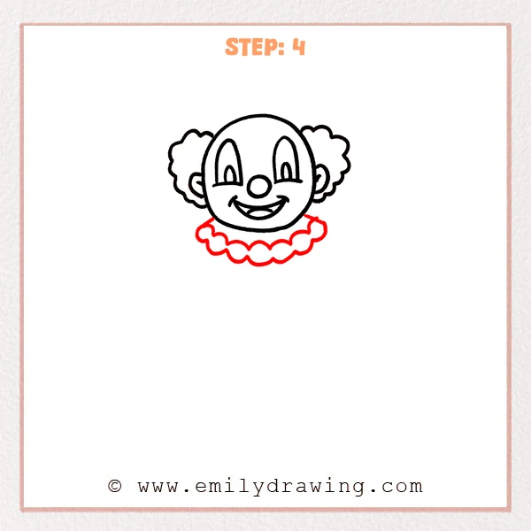 how to draw a cartoon clown - The cartoon clown now has a puffy ruffled collar drawn beneath the smiling face, adding a classic clown costume detail.